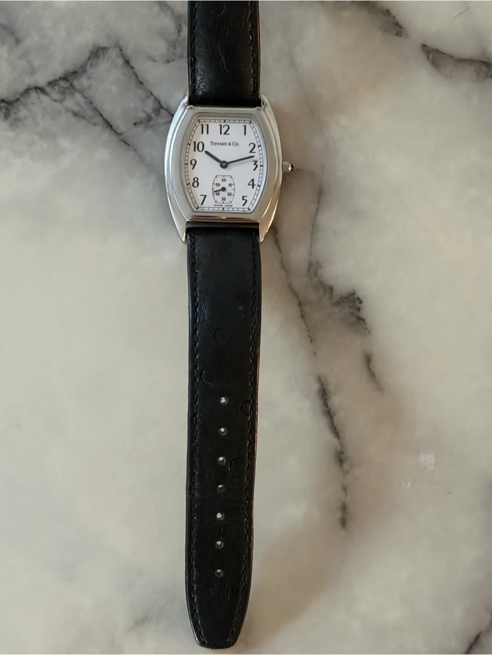 Tiffany & Co. White Dial Watch with Black Leather Strap
